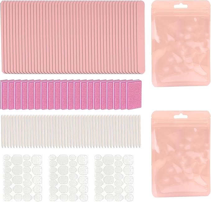50 Set Press On Nail Tool Prep Kit for Nail Salon Business, Disposable Manicure Kit with Nail File, Mini Nail Buffer, Adhesive Nail Tabs, Wood Stick, Packaging Bag
