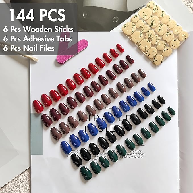 6 Packs Press On Nails Short Oval, KQueenest Acrylic Press On Nails Almond Short, Short Fake Nails Press Ons, Dark Color Glue On Nails Short Round for Women Holiday Winter Gift 144 Pcs