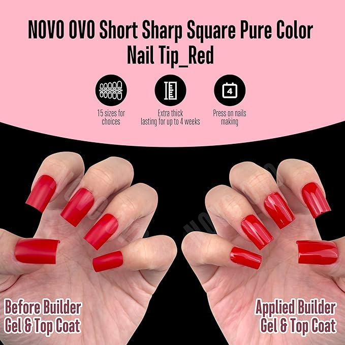 NOVO OVO Short Sharp Square Nail Tips Press on Pure Color Red, Need Builder Gel Top Coat Nail Glue, Soft Gel Matte Fake Nail Extension, Full Cover False Nails for Salon DIY x 15 Sizes 180 pcs