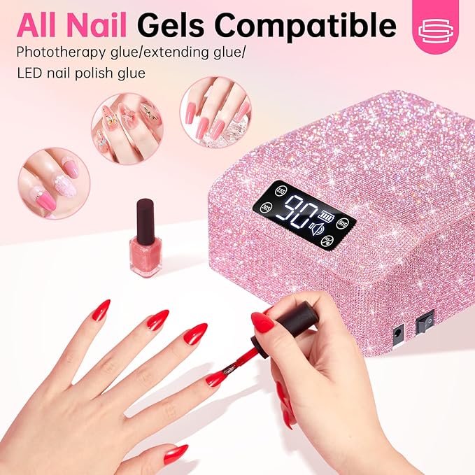 UV Light for Gel Nails, CHRISTINE SHELLY UV Nail Lamp, 96W Rechargeable Professional Diamond LED Nail Dryer with 4 Timer Setting, Touch Control&Auto Sensor, Fast Nail Light Curing Lamp for Salon&Home