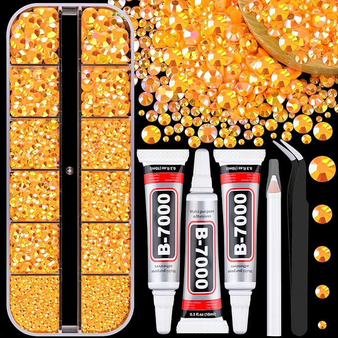 Resin Jelly Rhinestones for Crafting with B7000 Jewelry Glue, 1 Box Light Orange AB Flatback Crystal with 3Pcs 10ml Glue, Bedazzling Non Hotfix Gems for DIY Tumblers Clothing Shoes Manicure