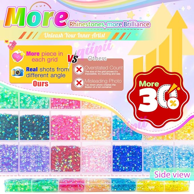 24000Pcs 14 Color 3mm 4mm Transparent AB Resin Rhinestones w B7000 Glue for Bedazzling Crafting Flatback Colorful Stones Crystals Gems Diamonds for Nails Face Makeup Tumblers Bottles DIY Crafts