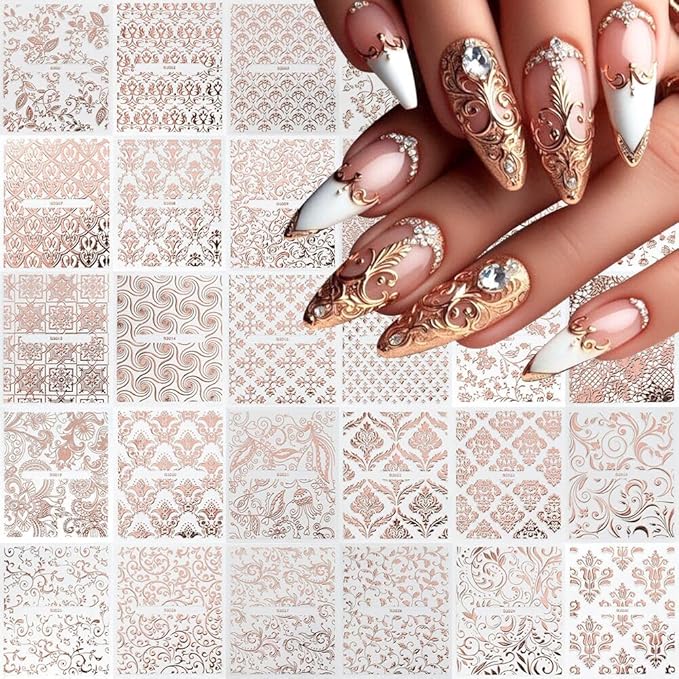 30 Sheets Rose Gold Nail Art Stickers Decals, 3D Baroque Floral Design Self Adhesive Nail stickers, Gold Line Nail Art Decals for Acrylic Nails Women and Girls Nail DIY Supplies Decoration Accessories