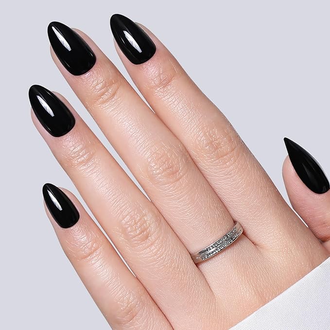 UNA GELLA 32Pcs Soft Gel Press on Nails - 16 Sizes Almond Glue on Nails, Reusable Black Solid Color False Nails, Full Cover Acrylic Nail Kit for Women DIY Home Manicure
