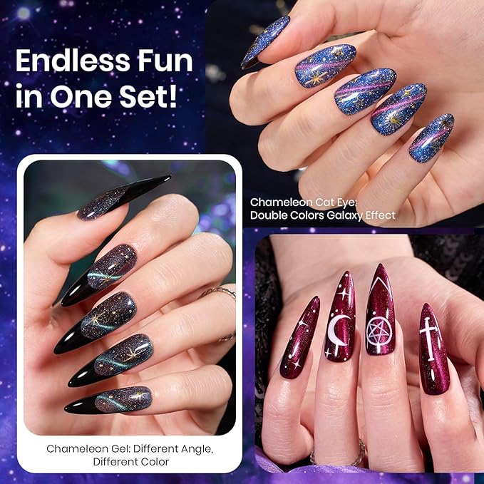 Beetles Cat Eye Gel Polish - Milky Way 6 Colors Gel Polish Set, Black Purple Blue Temperature Changing Glitter Nails, Galaxy Nails Kit with Magnet Stick Soak Off Uv Lamp Gel