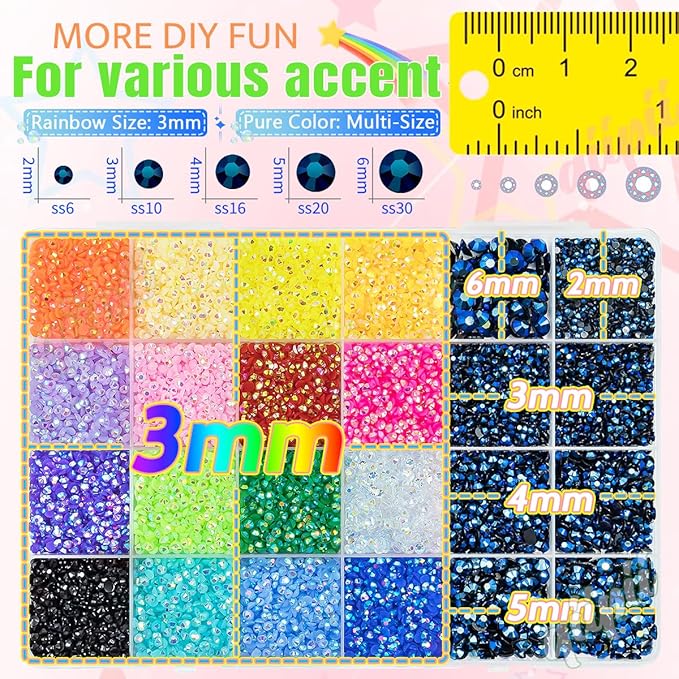 2mm-6mm Ink Blue Resin Rhinestones w B7000 Glue for Crafting Bedazzling Flatback Colorful Jelly Stones Diamonds Gems Bedazzler Kit for Nails Face Eyes Makeup Tumblers Bottles DIY Crafts Shoes
