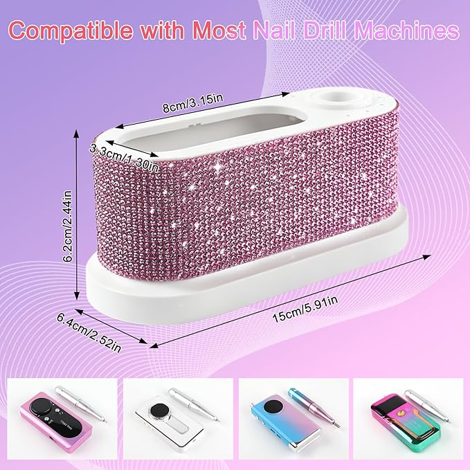 ANGNYA Nail Drill Machine Holder with Pink Rhinestones, 8 Holes Nail Drill Bit Holder, Nail Efile Stand and Organizer Storage Box Case