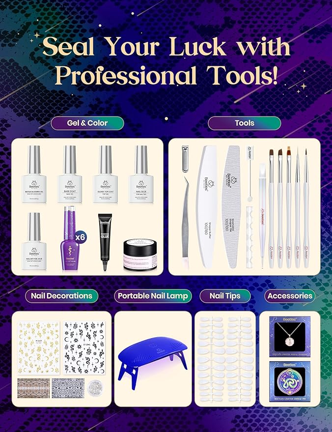Beetles The Ophiuchus Sign Lucky Box, Ophiuchus Zodiac Gel Nail Polish Kit Nail Art Set Purple Green Gold Cat Eye Black White Gel Pink Jelly Base Top Coat Salon DIY Zodiac Gift for Women