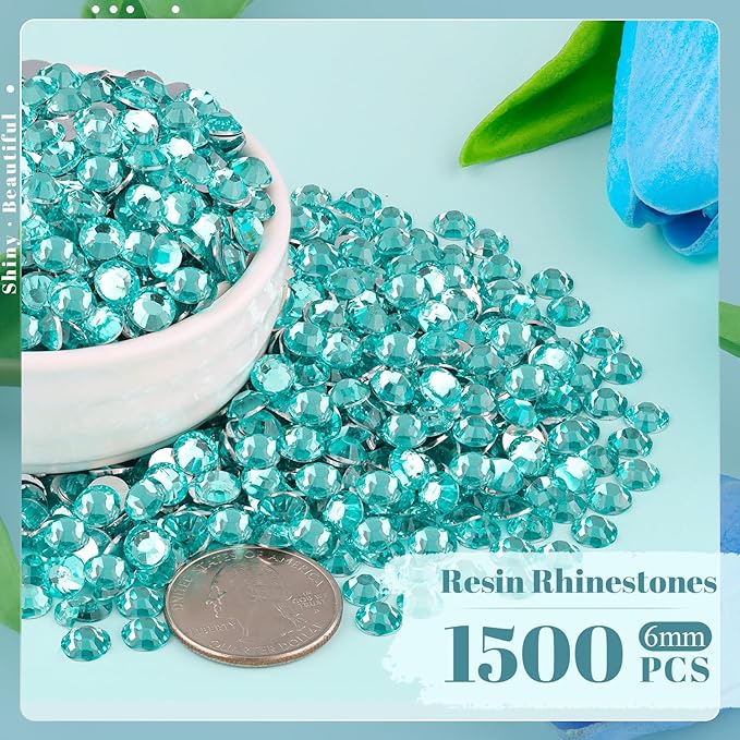 1500PCS 6mm Resin Rhinestones Bulk for Crafting (Lake Blue), Flatback Bedazzling Crystals for Crafts DIY Nail Decoration, Gems Charms for Tumbler Shoes Clothing Fabric with Pickup Pen and Tweezers
