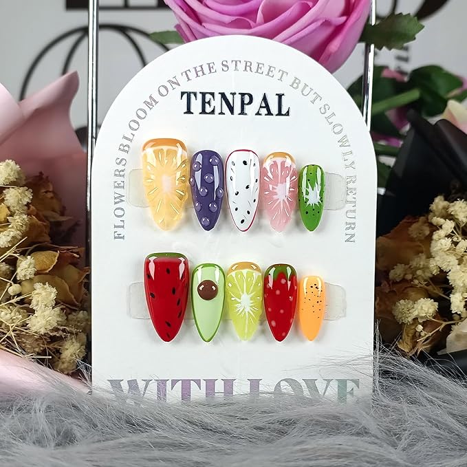 Summer Fruit Press on Nails - Vibrant Almond Shaped Fake Nails with Kiwi, Watermelon & Avocado Designs | Reusable Colorful Nail Art for Women | Tropical Fruit Manicure Set (Medium Length,L)