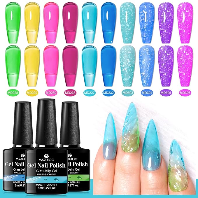 Neon Jelly Gel Nail Polish Snowflake Gel Polish Set Transparent Blue Pink Macaron Candy Jelly Nail Polish Gel Gifts for Women 12Pcs