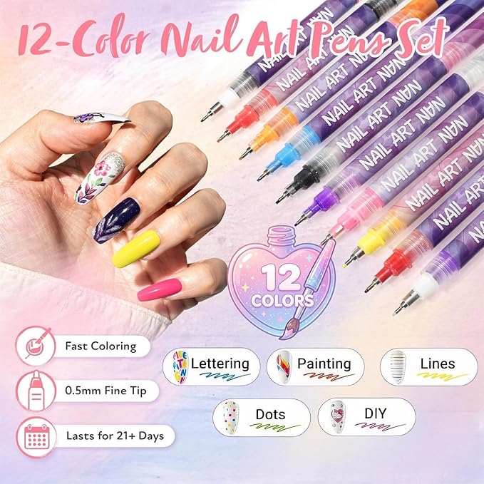 12 Colors Nail Art Pen Set - Quick Dry Nail Polish Markers with Fine Tip, 3D Painting Liner & Dotting Brush for DIY Salon Manicure, Professional Nail Art Kit Gift for Adults Beginners (2026 New)
