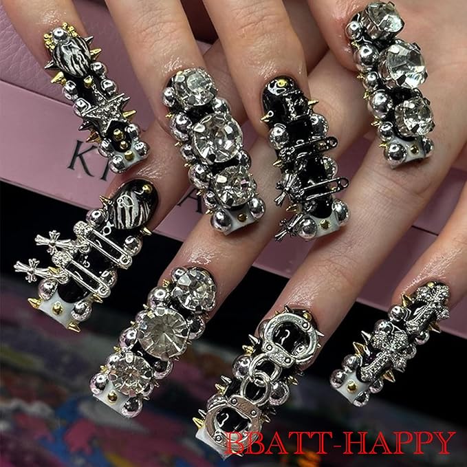144PCS Nail Charms for Acrylic Nails,Silver Star Planet Cross Punk Door Handle Pin Handcuffs Mechanical Parts Alloy Nail Art Accessories,Nail Jewels for Nail Art Supplies Craft DIY, Mix