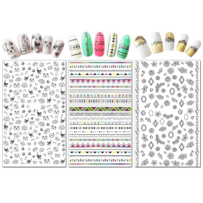 TailaiMei Nail Decals Stickers, 1600+ Pcs Self-Adhesive Tips DIY Nail Art Design Stencil (12 Large Sheets)