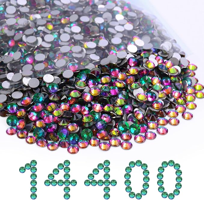Flatback Rhinestones Bulk, 14400PCS Green Volcano Rhinestones for Clothes DIY Decoration Crafts, Green Volcano, SS10, 2.7-2.9mm