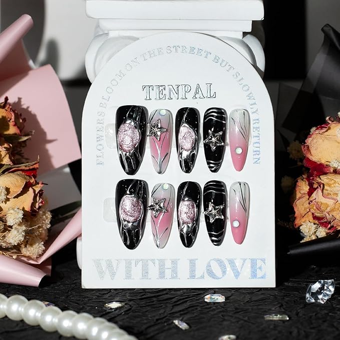 Y2k Press on Nails long Stiletto,Black Star Charms Glitter Swirl, Soft Gel Fake Nails With Tools,Handmade Acrylic 10pcs/Box Pink False Nails With Air Brush Designs(XS)