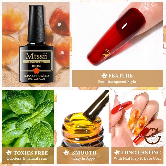 MTSSII Jelly Crystal Gel Nail Polish Translucent Tortoise Shell Nails Wine Burgundy Red Coral Caramel Orange Amber Brown Grey Fall Autumn 6 Colors Soak Off UV LED Manicure Art Kit For DIY Home