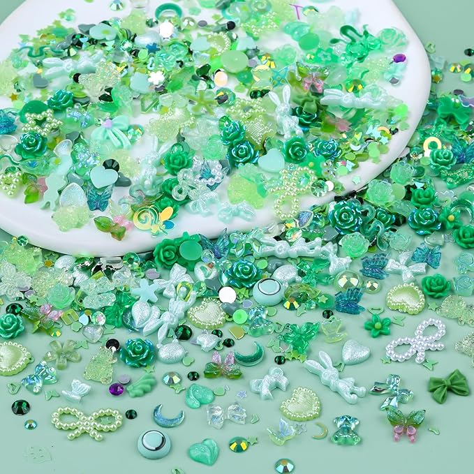 100 Pieces 3D Resin Butterfly Bear Nail Charms Rose Flower Peach Skirt Bow Deer Snake Rabbit Animal Shaped Nail Art Rhinestones Pearls for DIY Nail Art Decoration Making Craft (Green)