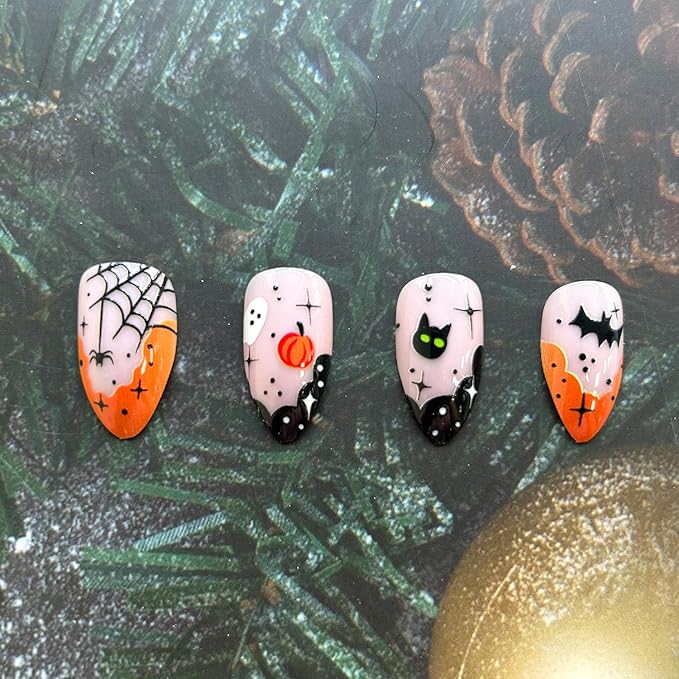 Halloween French Tip Press-on Nails With Cute Ghost & Pumpkin Pattern - Yellow and Black Acrylic Full Cover Almond Nails for Women - 24Pcs