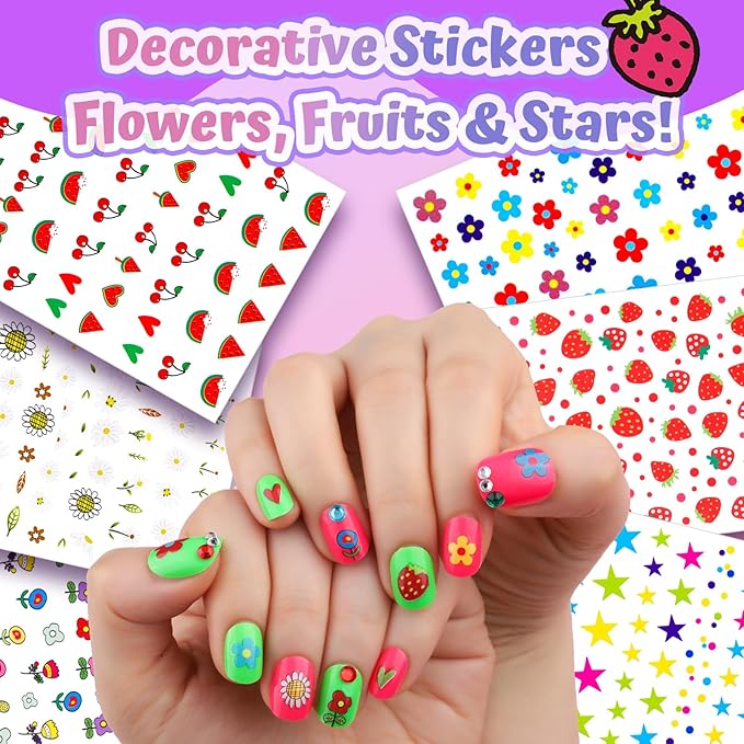 FANDAMEI Press On Nails for Girls, 12 Style Ombre Glitter Press On Nails for Kids, 6 Sheet Star Strawberry Bow Flower Nail Stickers for Kids, Colorful 3D Gem Stickers Face Gems, Nail Art Kit for Girls
