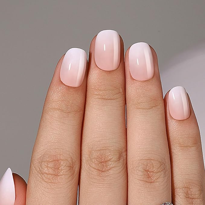 Gel Press On Nails - White Ombre Square Short Fake Nails With Glue, 16 Sizes, 32Pcs Reusable Soft Gel False Tips Kit