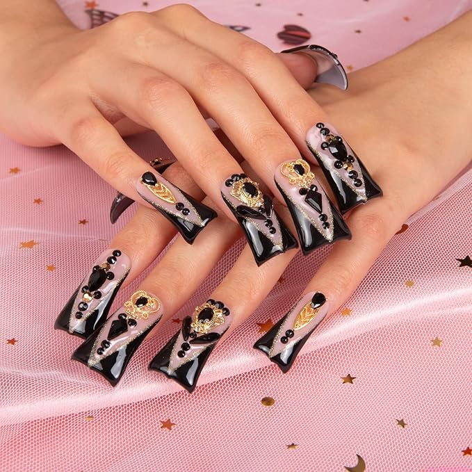 LOVFUL Press on Nails Obsidian Palace Black French Tip | Handmade with Full Covered Crystals | Reusable Fake Nails | Duck Classic Regular 1.3 in | H165-M