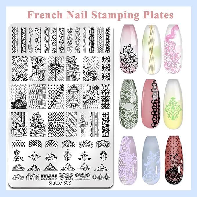 Biutee Nail Stamping Plates Set 2 PCS Large Plate 110 Patterns Nail Art Stamper Scraper Nail Stamp Template Kit French Line Lace Flower Design Masnicure Plates