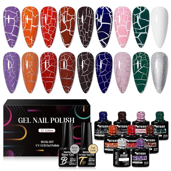 MTSSII 12pc Crackle Gel Nail Polish Set - 8 Colors, Amazing Crackle Effect, Long-lasting, UV LED Lamp Needed