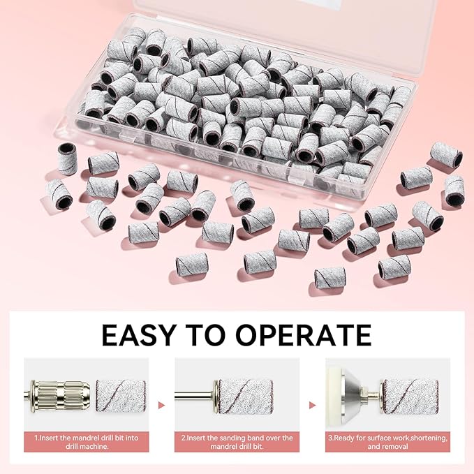 Makartt Sanding Bands for Nail Drill - 100 Pcs Nail File Sanding Bands for Drill Bits #240 Medium Grits for Acrylic Nails Gel Removing and Shaping, Upgrade Thicker Durable Sanding Drill Bit, White