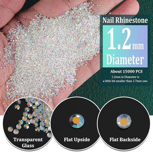 1.2mm and 1.7mm Tiny Nail Rhinestones 20000PCs Ultra Mini Pixie Clear AB Glass Crystals for Nail Art 15000pcs 1.2mm and 5000pcs 1.7mm Super Little Gems Iridescent Micro Dust Glitter Caviar Bead