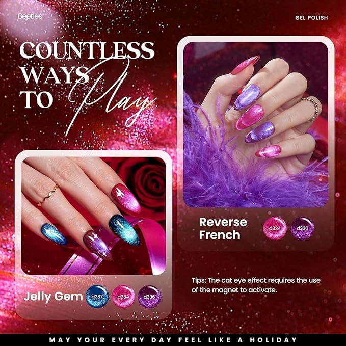 Beetles Cat Eye Gel Nail Polish Set - 20 Colors Gemstone Party Gel Polish Set Pink Blue Red Purple Glitter with Magnet Pen Base Top Coat DIY Salon Manicure Soak Off UV LED Valentines Gifts for Women