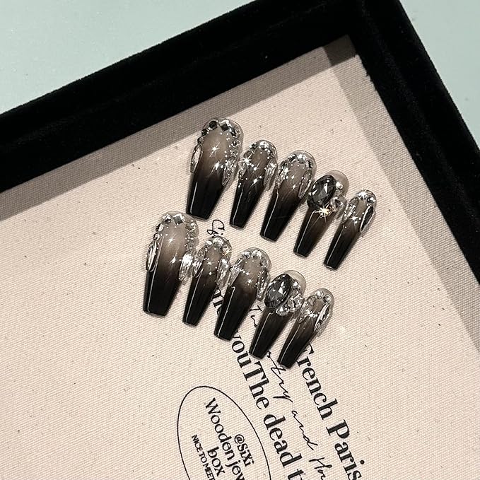 Long Ballerina Press-On Nails, Black Gradient with Silver Diamond Design, 10 Pieces (Large, LS)