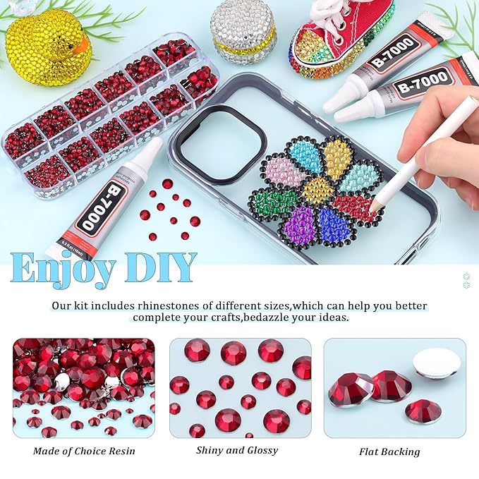 12000Pcs Resin Rhinestones for Bedazzling with 3Pcs B7000 Jewelry Glue, 2 Boxes Dark Red Flatback Rhinestones for Crafting Crafts DIY, Crystals Gems for Clothing Shoes Tumblers Nail Art Makeup