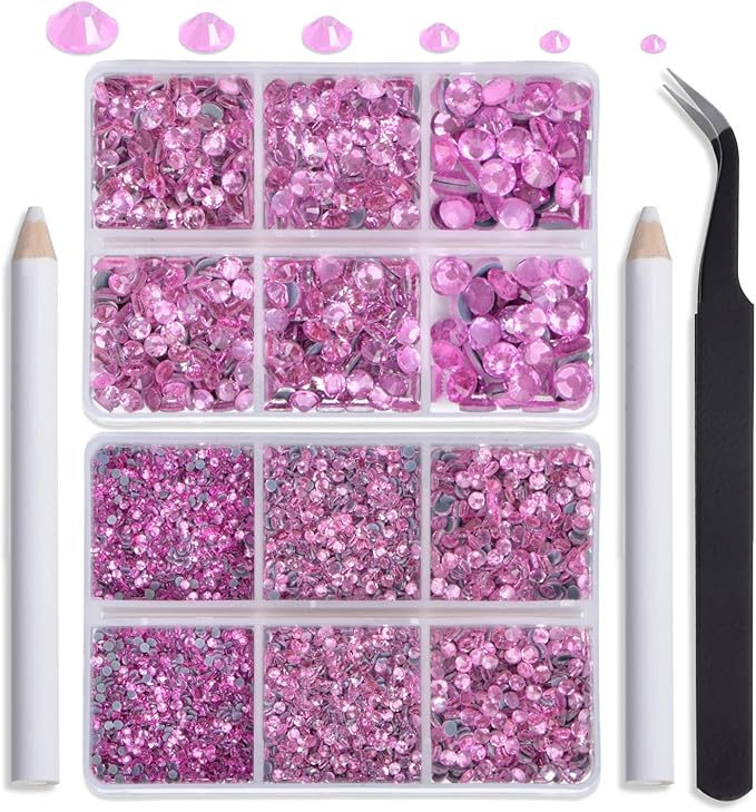 NCB Hotfix Iron on 8000pcs Crystal Rhinestones Round Gem for Crafts Decoration DIY Jewelry Making with a Tweezers and 2 Picking pens (Lt. Rose, 6Sizes SS4-SS30)