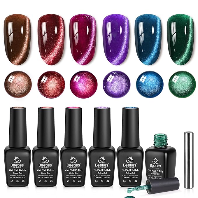 Beetles Jewel Parade Cat Eye Gel Nail Polish Set - 6 Colors Glitter Cat Eye Gel Polish Kit Pink Purple Red Green Blue Brown Burgundy Magnetic Effect Soak Off UV Manicure Gift for Women