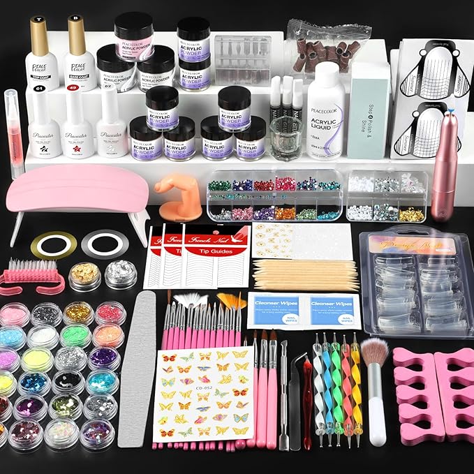 Acrylic Nail Kit for Beginners with Everything ,11 Colors Acrylic Powder Nails Kit Acrylics Set with Drill U V Light 3Pcs Gel Polish 24Pcs Glitter Powders Rhinstones Nail Art Extensions Home Gift Set