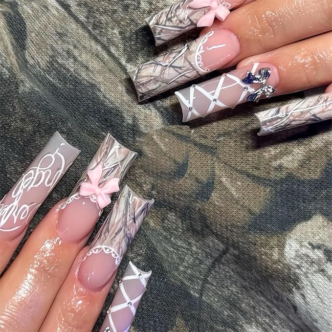 Square Press on Nails Extra Long Fake Nails French Tip Ombre Acrylic False Nails with Charms Bow Designs Long Glue on Nail Marble Artificial Nails Glossy Stick on Nail for Women