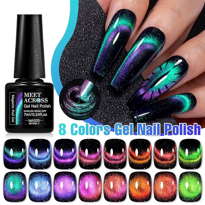 MEET ACROSS 9Pcs Cat Eye Gel Nail Polish Set Red Blue Purple Blue Magnetic Gel Polish Kit with Magnet, Soak Off UV Cateye Nail Polish DIY Manicure Kit 8 Colors