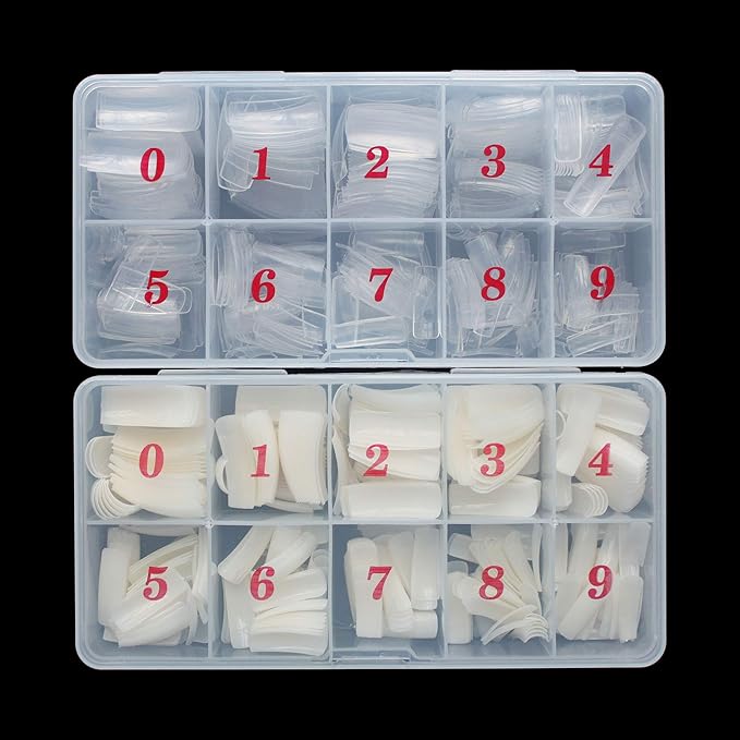 Half Cover Acrylic False Nail Tips, 1000PCS Fake Nail Shape Artificial False Nails Tips 10 Sizes with Case for Nail Art Salons and Home DIY (Clear+Natural)