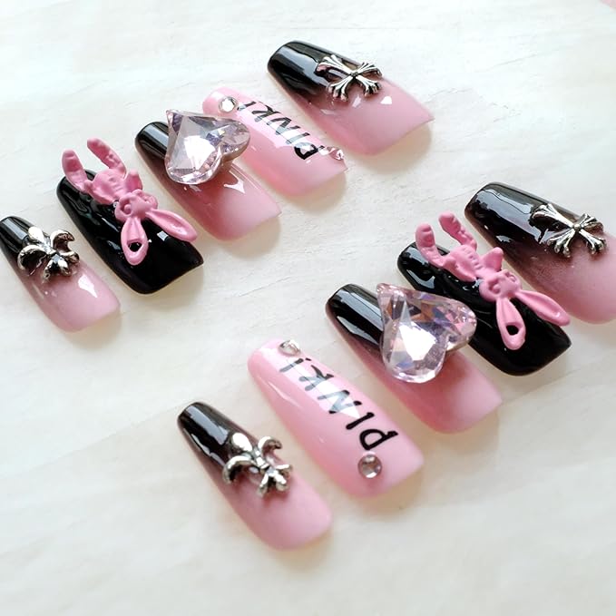 Luxury long Long Ballerina Press-On Nails, Pink and Black Gothic Design with 3D Bunny and Diamond Heart, Handmade False Nail 10 Pieces (Small, LS)