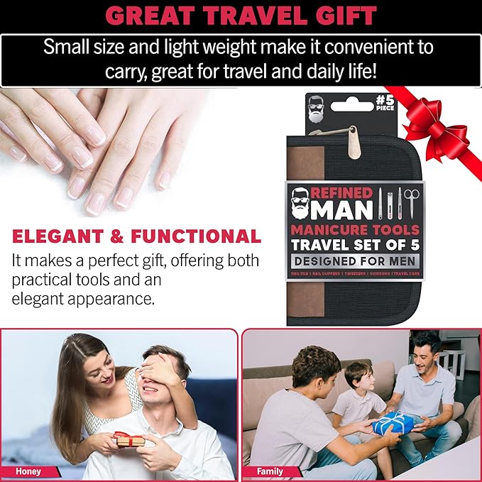 BLKSMITH Refined Man Manicure and Pedicure Kit Set of 5 - Manicure Kit for Men - Nail Clipper Kit with Nail File, Clippers, Scissors, Tweezer & Travel Case - Designed for Men (Black)