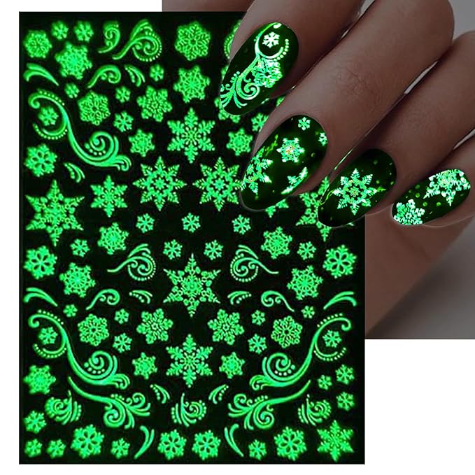 Glow in The Dark Snowflake Nail Stickers, Christmas 3D Self-Adhesive Nail Art Decals - White Snowman Santa Elk Design for DIY Manicure Winter Xmas DIY Nail Decorations stz (6 Sheets)