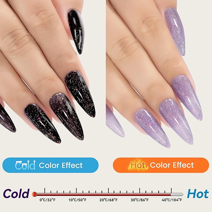 YTD Likomey Brocade Glitter Color Changing Gel Nail Polish,15ml Grayish Purple To Black Shimmer Mood Temperature Change Colors Iridescent Flakes,Fall Winter Ombre Thermal UV Gel,WB348