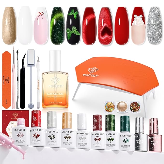 modelones Gel Nail Polish Kit with U V Light, 23 PCS Gel Nail Kit with White Red Cat Eye Green Pink Silver Sparkle Colors Base Top Coat Cuticle Oil Magnet Manicure Tools Stickers Chrome Powder Gift