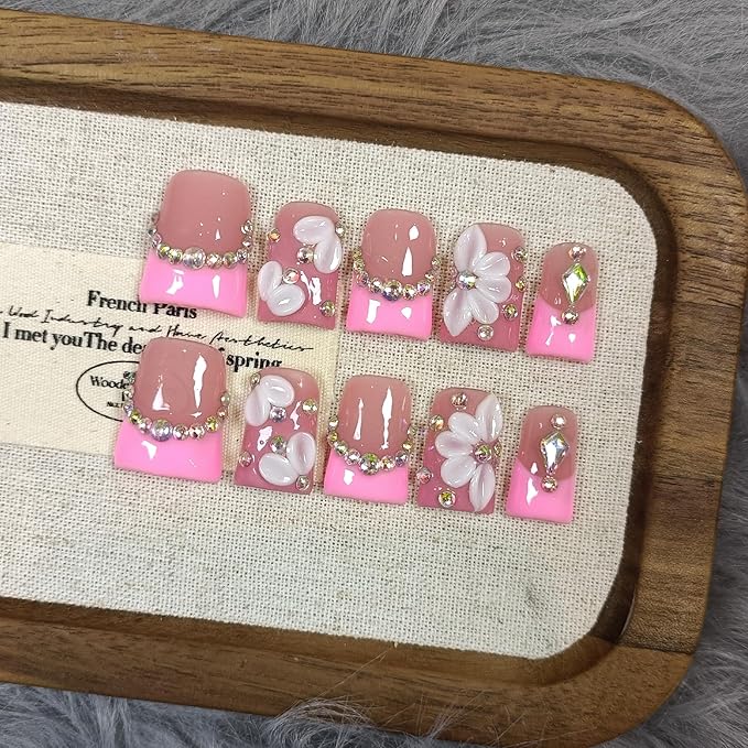 Duckbill Shape Handmade Press On Nails Kit,Pink French Floral Nails with 3D Flowers Diamond Designs,Glazed Donut Nude Pink Fake Nails with Tools,Elegant French Tip Duckbill Nails with Gems(S)