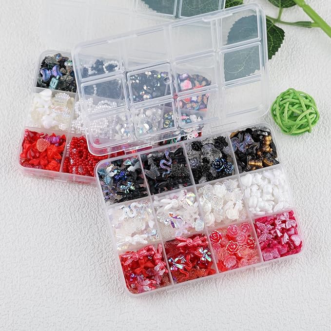 2050 Pieces 3D Butterfly Rose Flower Bow Rabbit Bear Nail Charms Kit with Nail Art Rhinestones Pearls Crystal Gems Nail Slices for Manicure DIY Crafts Jewelry Accessories (Black White Red)