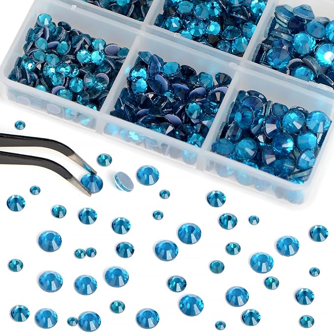 Bymitel Hotfix Crystal Rhinestones Round Gems for Crafts,Mixed 6 Sizes with Wax Pencil Kit, Blue Zircon 1.6-6.3mm SS4-SS30/8000pcs
