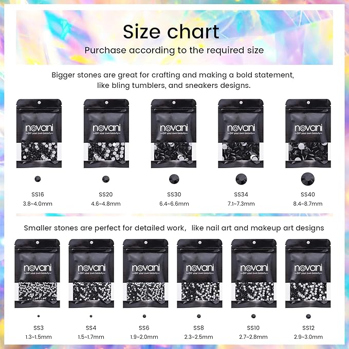 Novani Black Rhinestones, Flatback Crystal Loose Gemstones 1440pcs Glass Rhinestones for Clothes Shoes Crafts Makeup Nail Art and DIY Decorations(SS12, 3mm)