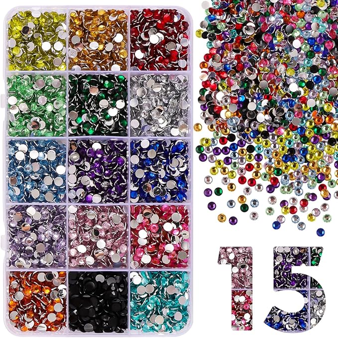 15000Pcs Flatback Rhinestones for Crafts, 5mm Mixed Color Crystals Rhinestone, Resin Flatback Glitter Gems Nail Diamonds Rhinestones for Clothes Accessories DIY