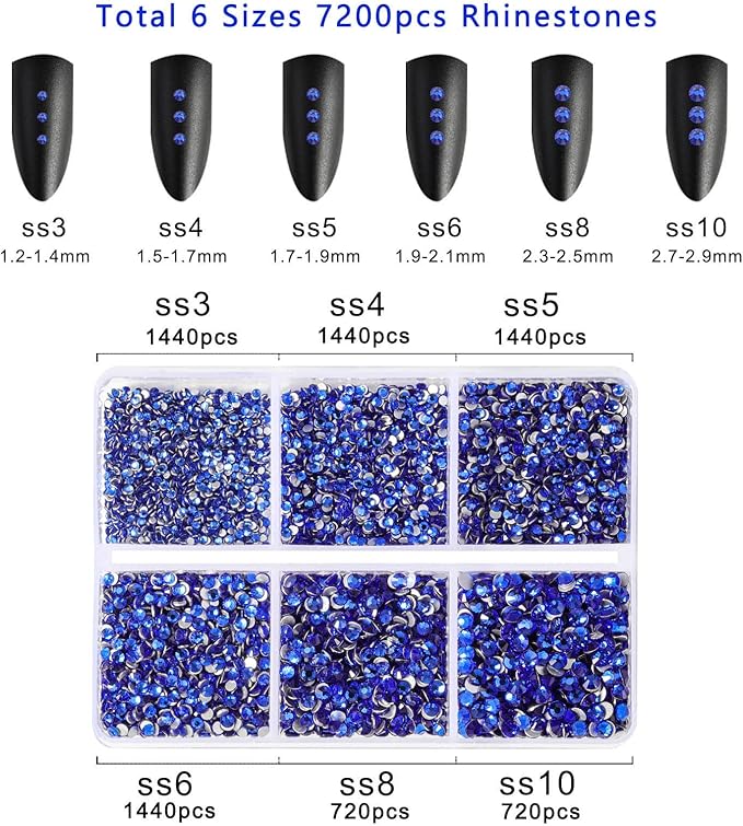 Beadsland 7200pcs Flatback Rhinestones,Royal Blue Rhinestone Nail Gems Round Crystal Rhinestones for Crafts,Mixed 6 Sizes with Wax Pencil Kit, SS3-SS10,Sapphire